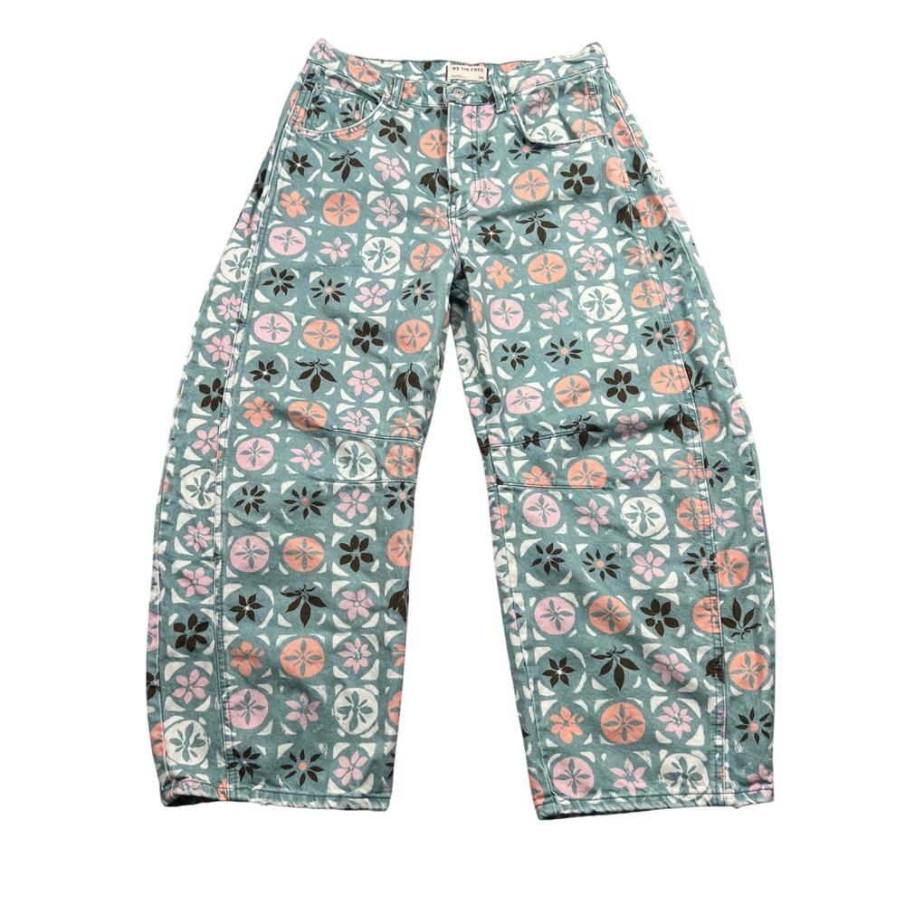 We The Free Barrel Jeans Womens 29 Teal Pink Floral Print High Rise Wide Leg